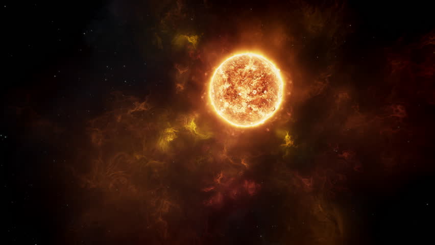 Star of our solar system 3D animation. Camera flies by, reveals nebula gases erupting from the Sun's surface. Solar flares and coronal mass ejections unleash a torrent of searing hot gases into space. Royalty-Free Stock Footage #1105991509