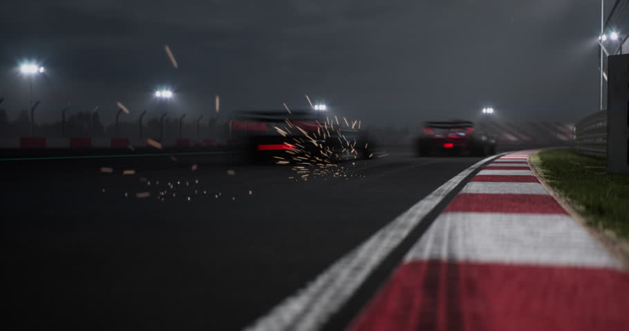 Two modern formula one f1 race cars racing on a speedway at night. Realistic 3d rendering . 3D Illustration | Shutterstock HD Video #1105995089