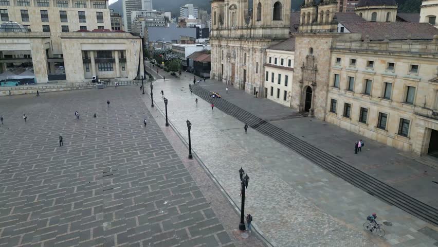 Aerial Drone Fly Above Primatial Cathedral of Bogota Colombia, Colonial Facade, Architecture, South America