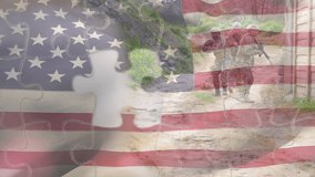 Animation of flag of usa over diverse soldiers. American patriotism, armed forces and national defence concept digitally generated video.