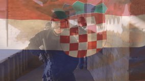 Animation of flag of croatia over diverse soldiers. Croatian patriotism, armed forces and national defence concept digitally generated video. - Powered by Shutterstock - Get 15% off with code: PIKWIZARD15