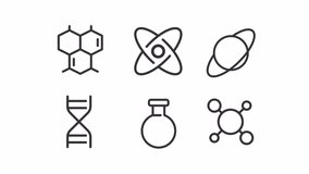 Science animation set. Scientific discovery animated line icons. Education technology. Laboratory research. Black illustrations on white background. HD video with alpha channel. Motion graphic