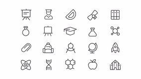 Education animation set. Online learning animated line icons. Personal growth. Knowledge base. College student. Black illustrations on white background. HD video with alpha channel. Motion graphic