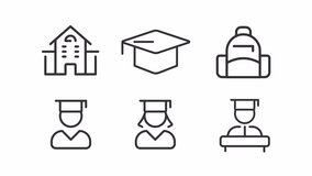 Study animation set. High school animated line icons. Continuous improvement. University student. Black illustrations on white background. HD video with alpha channel. Motion graphic