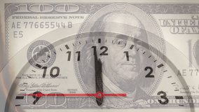 Animation of clock ticking over burning american dollar currency banknote. Global currency, business, finances, computing and data processing concept digitally generated video. - Powered by Shutterstock - Get 15% off with code: PIKWIZARD15