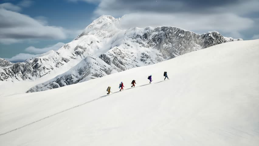 Mountaineering Team climb snowy mountains for success  | Shutterstock HD Video #1105999243