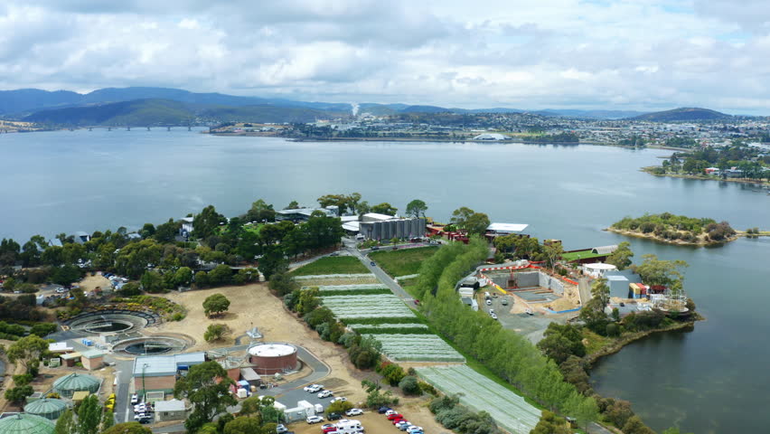 Drone Flyover MONA Museum Of Old And New Art Hobart, Construction Architecture With River View, Tasmania 4K