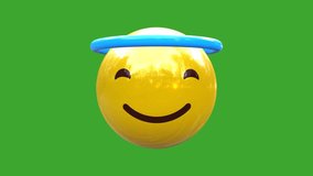 3D animation of the innocent face emoji rotates 360 degree around itself for social media or video editing or graphic design or other purpose of use with greenscreen background