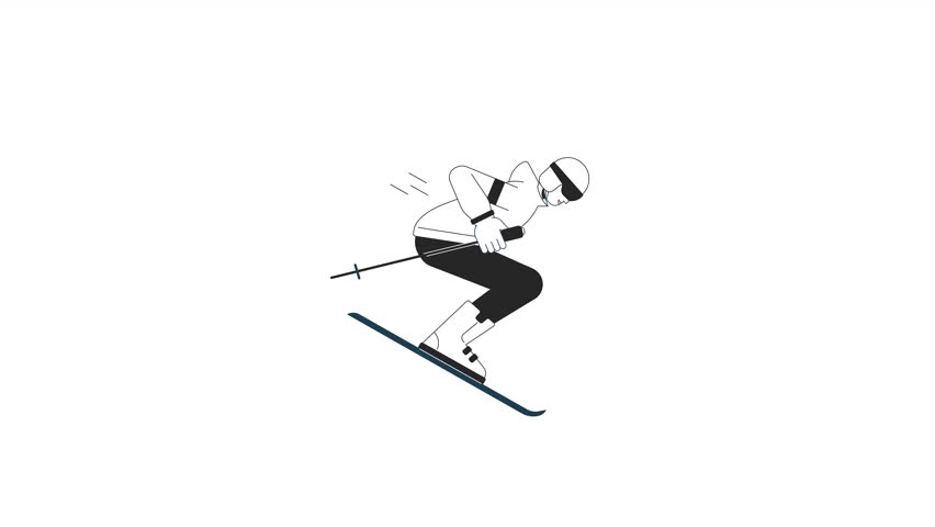 Skier jumping bw animation. Animated isolated 2D athlete with poles on skis. Cartoon monochrome flat line character 4K video footage, white background, alpha channel transparency for web design