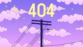 Dreamy night sky 404 error animation. Utility pole sunset. Urban city. Empty state 4K video concept, alpha channel transparency. Animated lofi background. Colour page not found for UI, UX web design