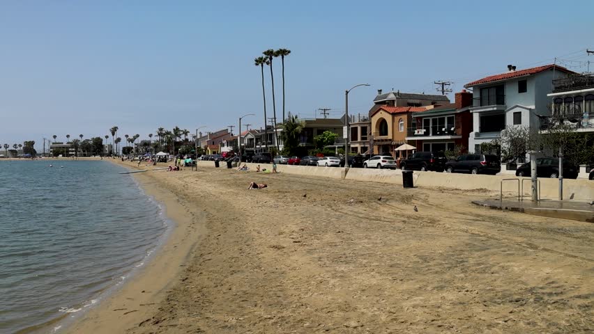 Footage of a beautiful summer landscape at Horny Corner Beach with people relaxing on the beach surrounded by boats and yachts, cars and lush green palm trees in Long Beach California USA