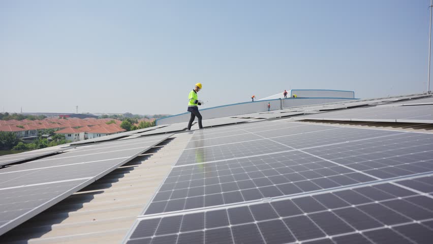 Professional engineer work to maintenance of photovoltaic panel system. Attractive technician worker working on roof inspect and check solar cell panels equipment box at solar cell field during sunset Royalty-Free Stock Footage #1106011017