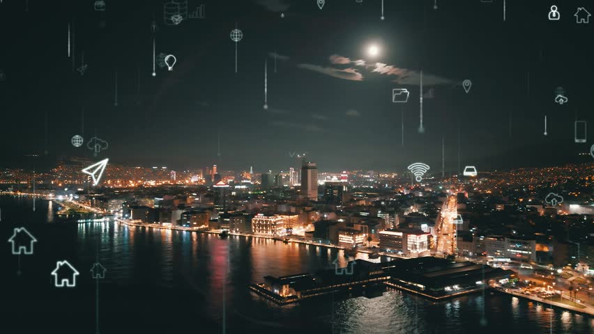 Cityscape with futuristic network connection and data communication. Technology concept. Royalty-Free Stock Footage #1106015757