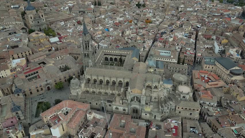 Aerial view of Toledo in Spain. Drone perspective of the city, the cathedral and the Alcazar.