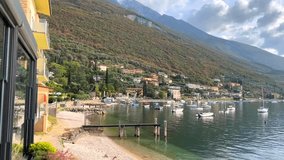 Aerial video view of lake Garda from Monte Baldo mountains in Italy
