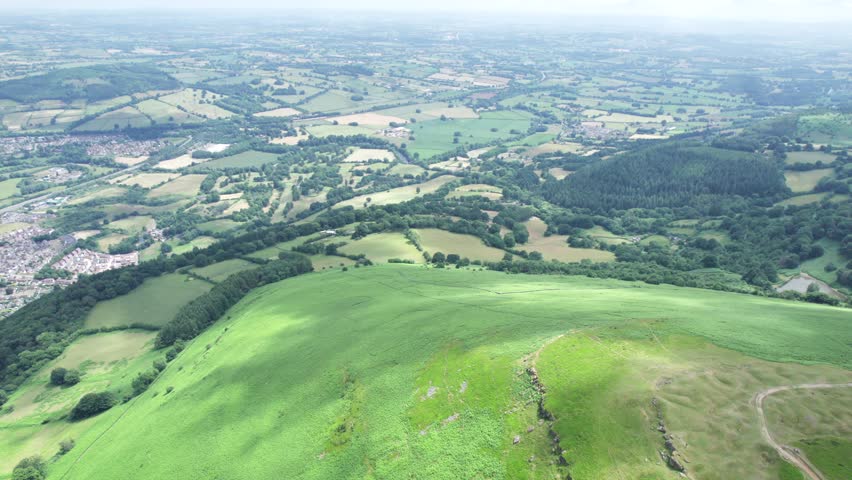 The beautiful aerial view, flying above the Blorenge, Abergavenny, Monmouthshire, Wales. Summer daytime