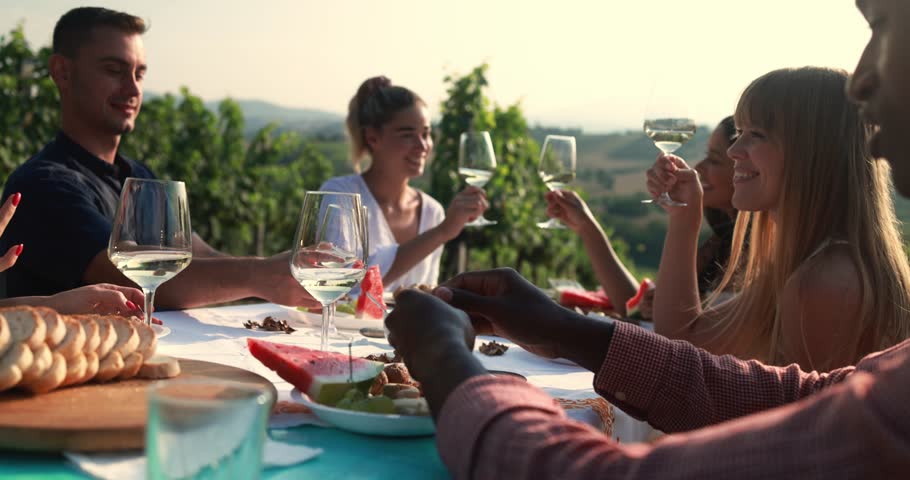 Happy adult friends having fun drinking white wine and eating together with vineyard in background - Multiracial people doing party in countryside resort at sunset Royalty-Free Stock Footage #1106019971