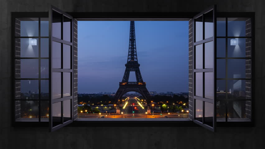 window opens on paris city eiffel tower timelapse from night to day at sunrise,view from inside the room Royalty-Free Stock Footage #1106020429