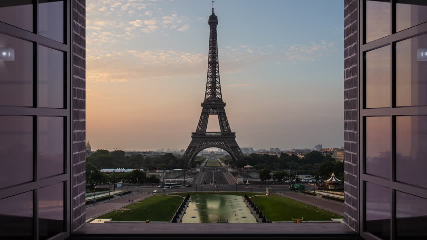 Window opens on paris city eiffel tower timelapse from night to day at sunrise,view from inside the room
