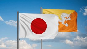 Bhutan and Japan flag waving together in the wind on blue sky, cycle looped video, two country cooperation concept