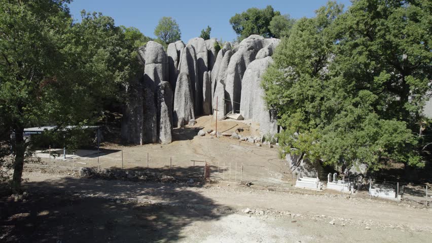 Aerial drone view of mountain valley with beautiful rock formations. Adam Kayalar, Turkey. Landmark of Turkey.
