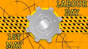 spinning big gear and safety stripes animated background for first may labour day. - Powered by Shutterstock - Get 15% off with code: PIKWIZARD15