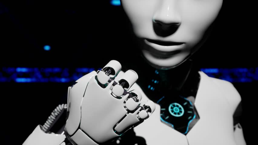 3d reliastic animation of humanoid robot writing or working human job. Artificial intelligence operator typing and scrolling on virtual screen desktop computer. A.i. take human job. Futuristic modern  Royalty-Free Stock Footage #1106035427