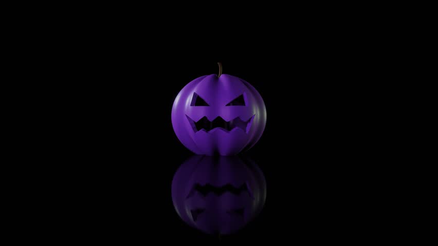Purple Halloween Pumpkin glows on black background. Traditional Halloween symbol. Jack-O-Lantern smile and scary eyes for party night. Horror Halloween concept. Seamless loop background. card Royalty-Free Stock Footage #1106036473