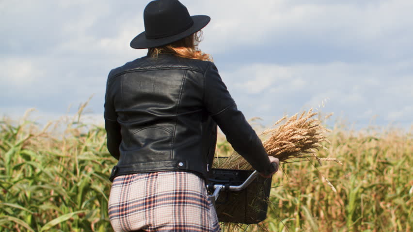Woman riding a bike on wheat field with wheat ears on basket on country road in village in summer, back view. Wearing black hat and leather jacket. Carefree, freedom, rural life, rest relax concept.