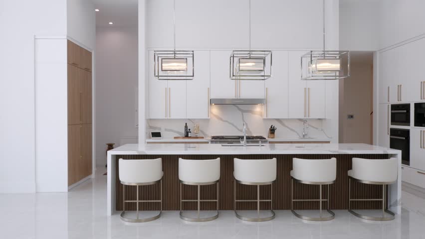 Front view of spacious splendid kitchen in new luxury home with granite island, five dining chairs, white-brown cabinets and tiled floor Royalty-Free Stock Footage #1106037233