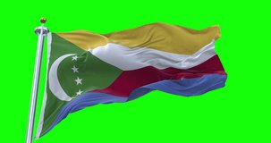 Comoros flag realistic waving in the wind 4K video, for Independence Day or Anthem etc, green screen background chroma key (Perfect Loop)