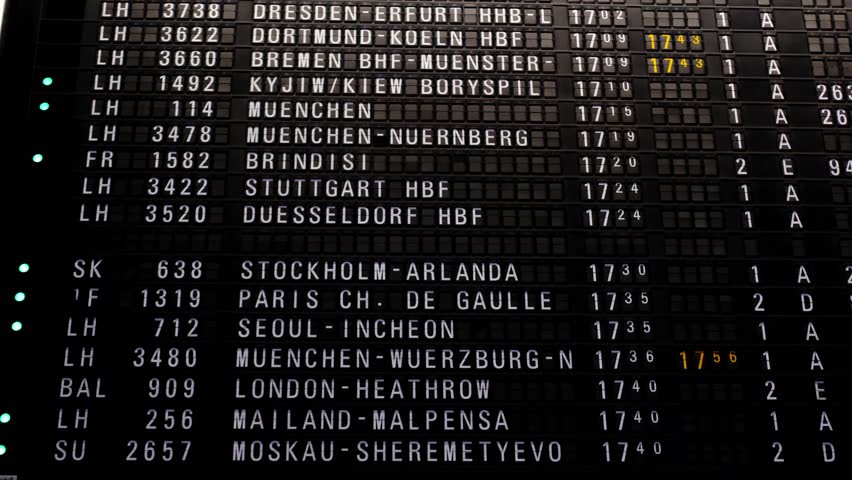 Flight Departures information board at Frankfurt Airport in Germany, black scoreboard, concept delay, flight cancellation, arrival time, flight to Stuttgart, berlin, paris, london, Istanbul