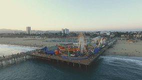 Aerial shot during sunset of Santa Monica Pier and Rides in California