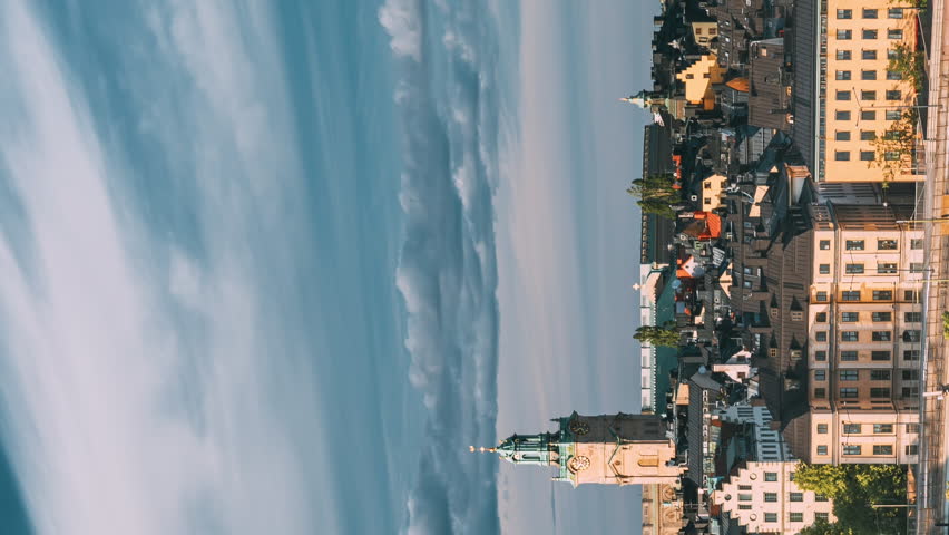 Stockholm, Sweden. Vertical Footage Video Scenic Skyline View Of Old Town With Tower Of Storkyrkan - Great Church Or Church Of St. Nicholas. Stockholm Cathedral Is Oldest Church In Gamla Stan.