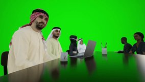 3D animation of the meeting of Arabs and Africans, top scientists talking to each other while sitting around the table in Dubai, Chromaki green screen Isolated group of people on green screen backgrou