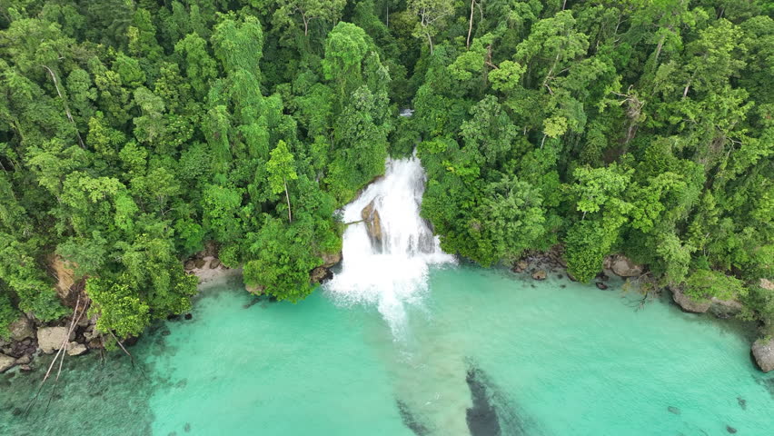 The scenic Momon waterfall tumbles from the primordial rainforest of West Papua into the shallow sea. This spectacular waterfall is found about a day