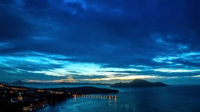 Aerial Hyperlapse view blue cloud moving above the marina and pier at Rawai Phuket.
beautiful sky in nature and travel concept.4K resolution.
scenery blue sky in sunrise on the islands background.