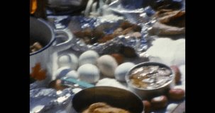 Close up, picnic food on blanket, plaid. Soviet nutrition for outdoors eating in catering event. Different snacks in nature family dinner. Archival vintage color film. Archive video. Old retro 1980s