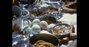 Close up, picnic food on blanket, plaid. Soviet nutrition for outdoors eating in catering event. Different snacks in nature family dinner. Archival vintage color film. Archive video. Old retro 1980s