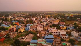 Aerial drone view of busy small town in India