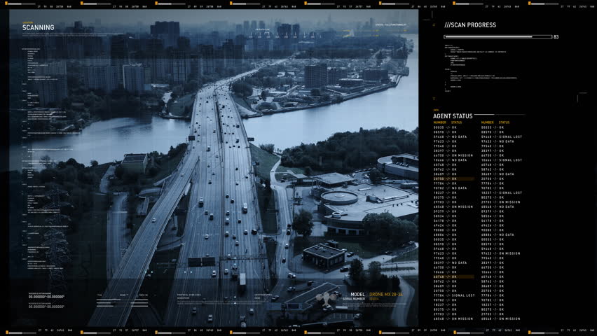 Hi-Tech Spy Surveillance System For Target Search Discovers Vehicle On City Road. Hi-Tech Spy Surveillance Drone Control Interface. Hi-Tech Spy Surveillance Ui Tracking Car. Secret Mission. Pursuit