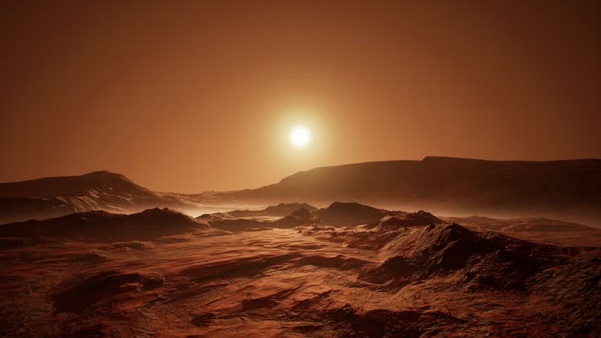 3D - Side aerial view at sunset of the red Martian desert surface on Mars. Sci-Fi landscape Royalty-Free Stock Footage #1106048807