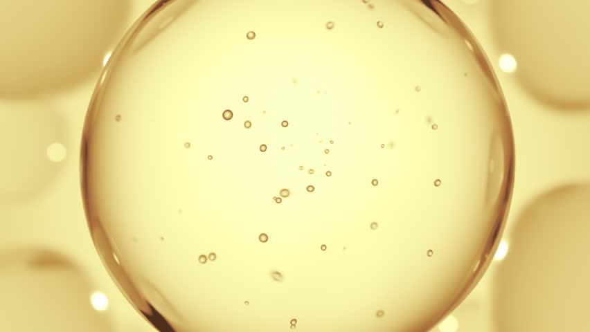 Golden serum liquid bubbles. Luxury beauty cosmetics macro 3D abstract background. Bio moisturizer essence gel or oil drops. Collagen fluid molecule. Moisturizing peptide face cream for skin lifting