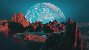 Flight over the rocks and ocean covered alien planet with earth, planet reflecting in water. Landscape. Space travel concept. Science fiction, sci-fi cinematic video Infinite loop. 