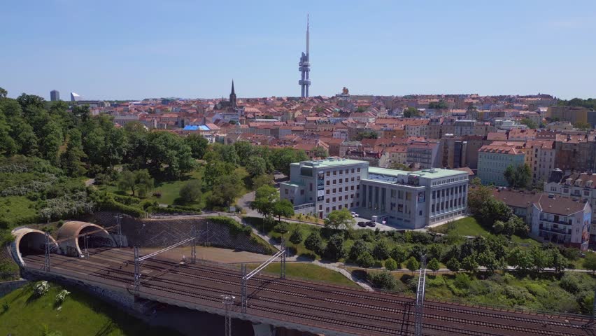 Tower prague Railroad line city czech republic. top aerial view flight drone