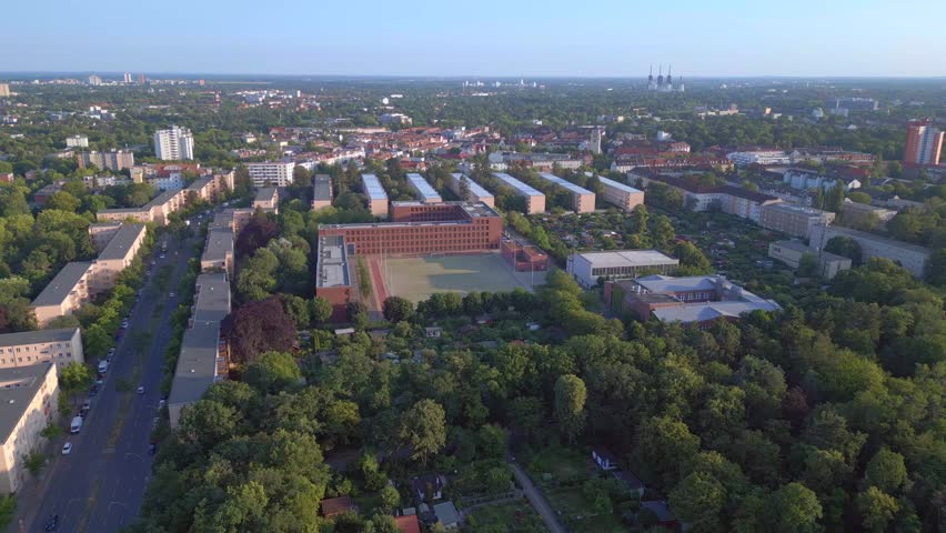 Sports field Berlin summer city Germany Europe. Great aerial view flight drone