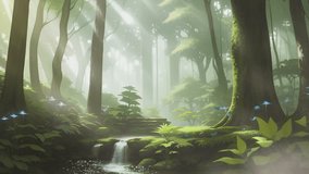 morning in the fantasy forest with butterfly. Cartoon or anime watercolor painting illustration style. seamless looping virtual video animation background