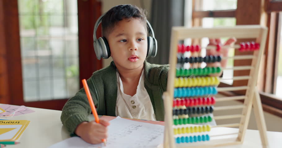 Home learning, math education or child in kindergarten studying for knowledge or growth development. Abacus, headphones or smart kid writing or counting on numbers to study for test in notebook Royalty-Free Stock Footage #1106061785