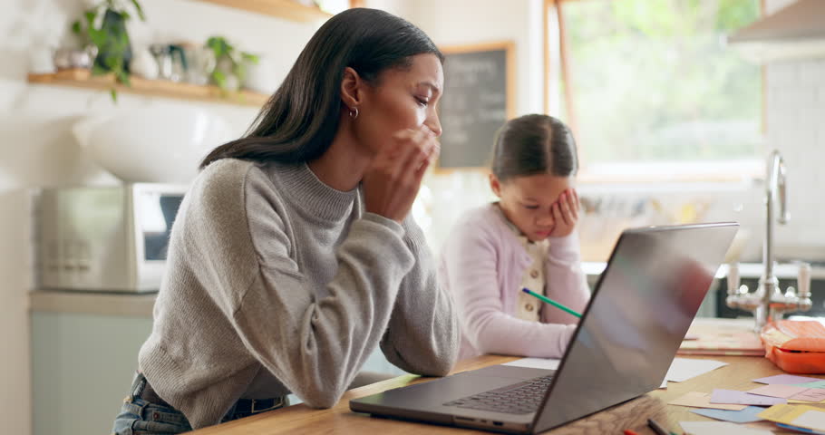 Homework, stress and laptop for mother and girl with headache, anxiety and adhd homeschool fail in a kitchen. Education, pressure and mom with migraine and sad kid or online glitch in remote learning Royalty-Free Stock Footage #1106062185