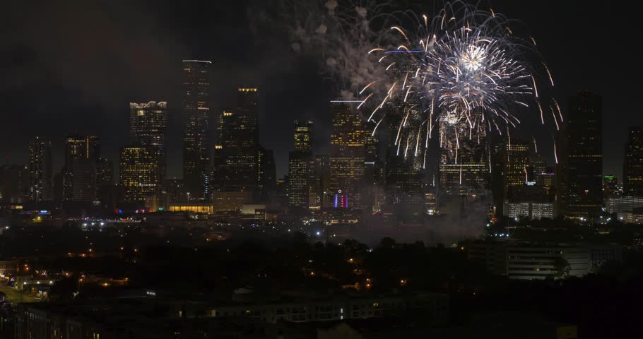 Aerial view of 4th of July fireworks over downtown Houston